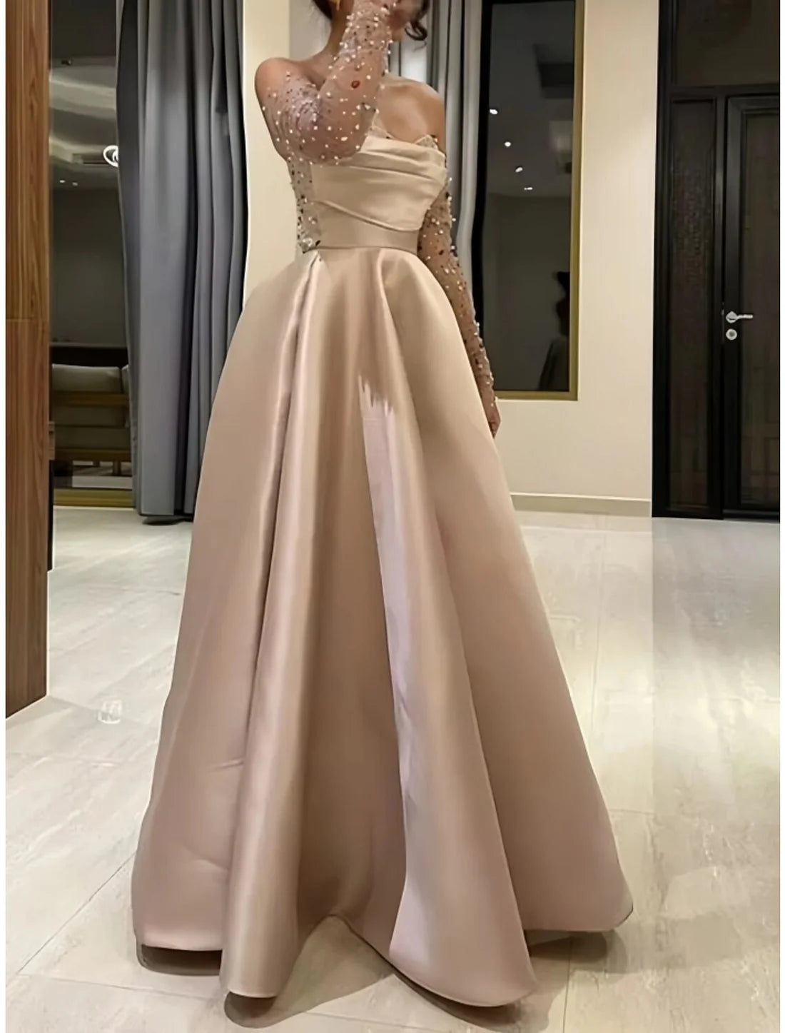 Luolandi A-Line Evening Gown Princess Dress Formal Floor Length Long Sleeve Sweetheart Satin with Pleats Ruched Beading Sexy