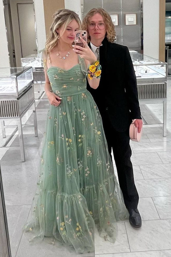 Luolandi A Line Sweetheart Long Prom Dress with Embroidery Beautiful Flowers