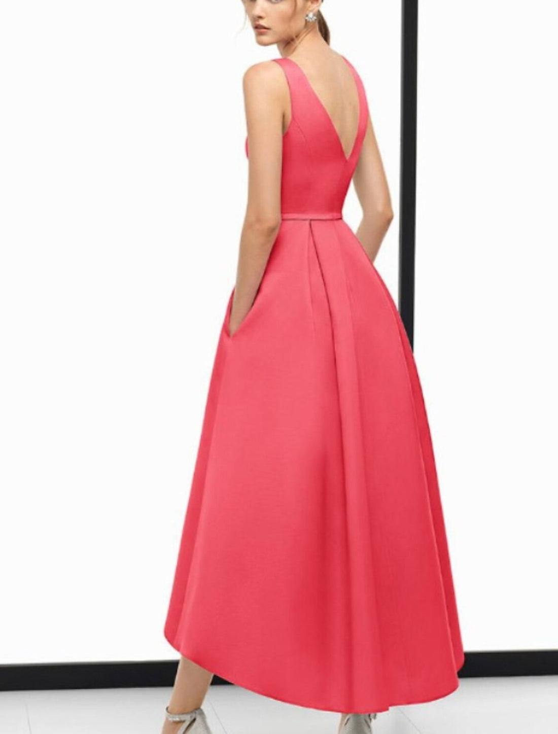 Luolandi A-Line Evening Gown Vintage Dress Wedding Guest Ankle Length Sleeveless V Neck Pocket Satin with Pocket And Bow(s)