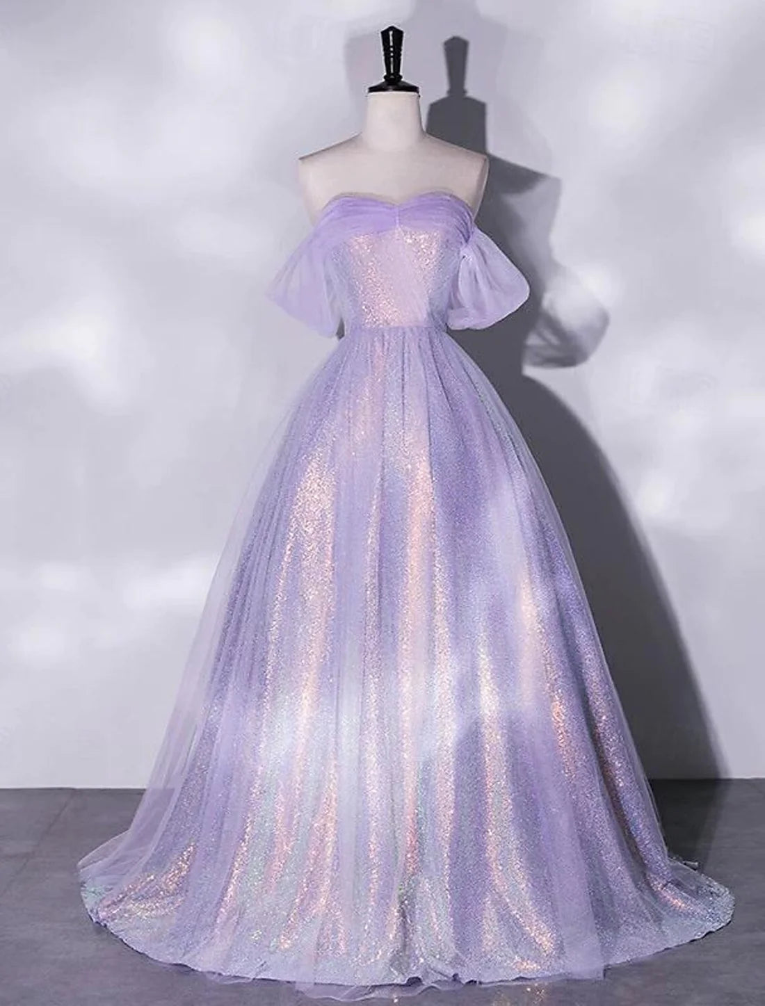 Luolandi A-Line Prom Dresses Glittering Dress Quinceanera Birthday Floor Length Short Sleeve Off Shoulder Tulle with Ruched Sparkly