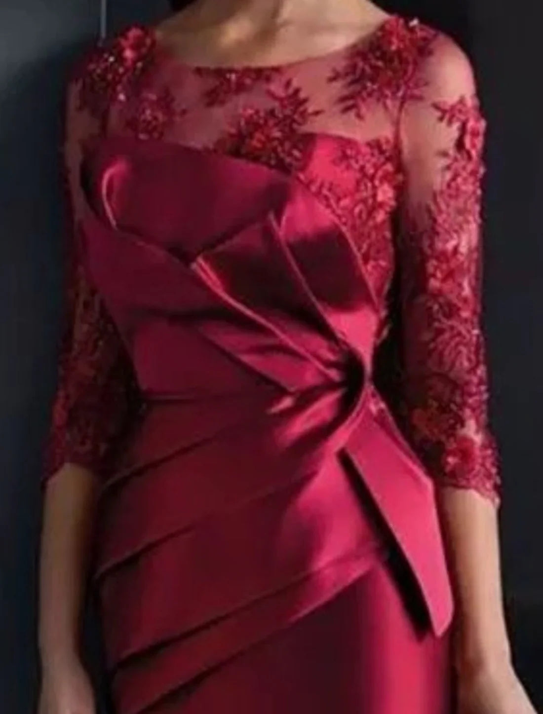 Luolandi Sheath / Column Mother of the Bride Dress Wedding Guest Elegant Illusion Neck Knee Length Satin Lace 3/4 Length Sleeve with Appliques