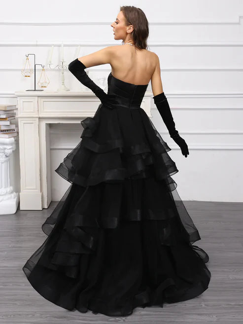 Luolandi A-Line/Princess Sweetheart Long Tulle Dresses With Ruffles Off Shoulder Black Evening Dress Without Gloves