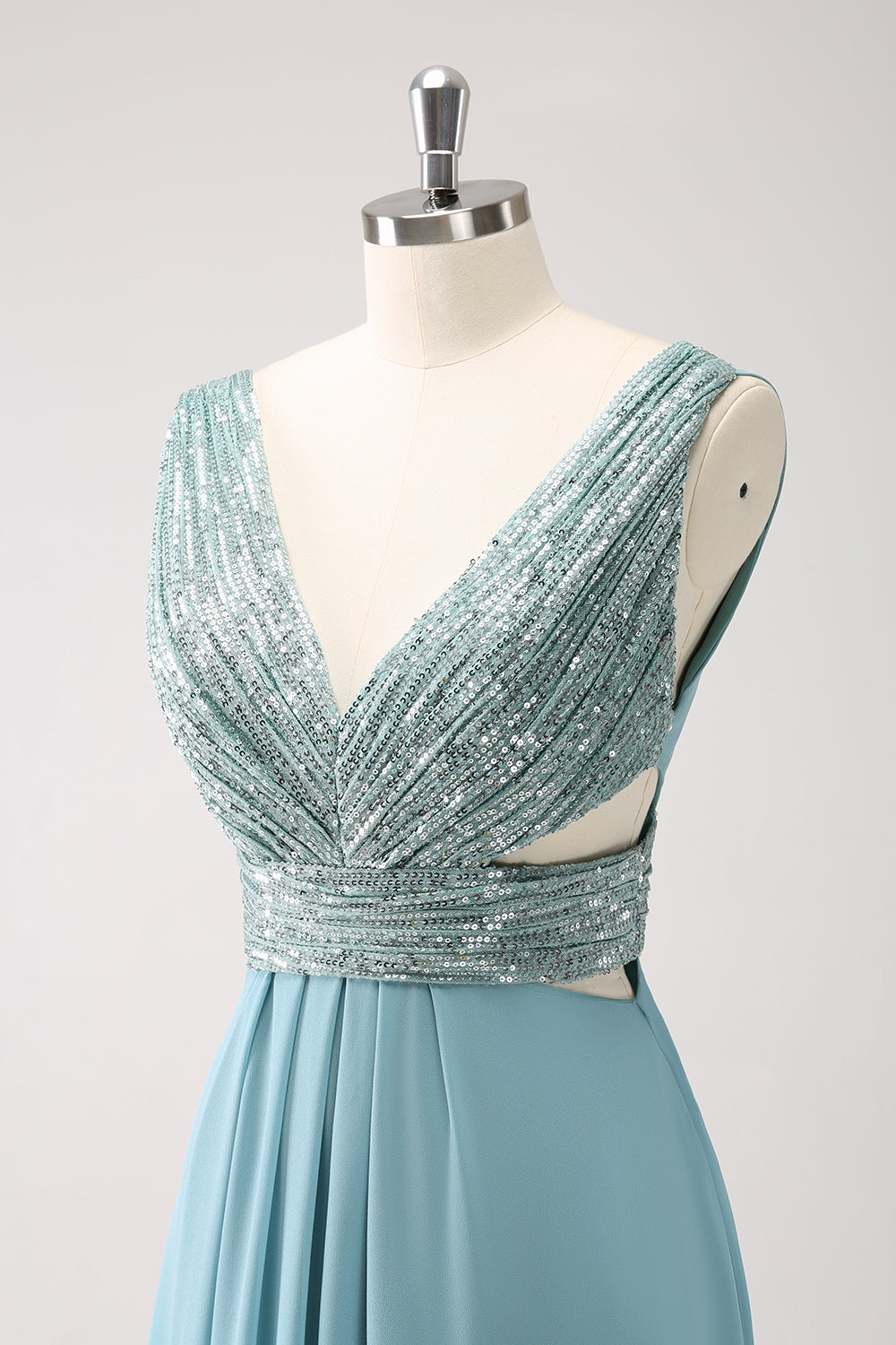 Luolandi Sparkly V Neck Grey Green Sequined A Line Long Prom Dress Bridesmaid Dress Evening Dress