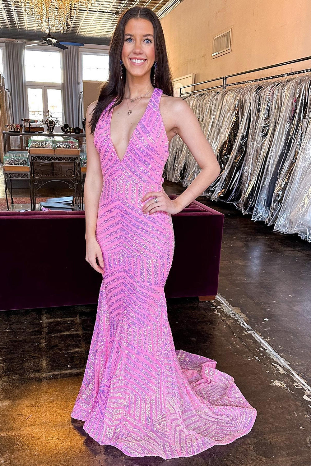 Luolandi Hot Pink Mermaid Halter Sequins Cross Back Prom Dress Sparkly Evening Dress