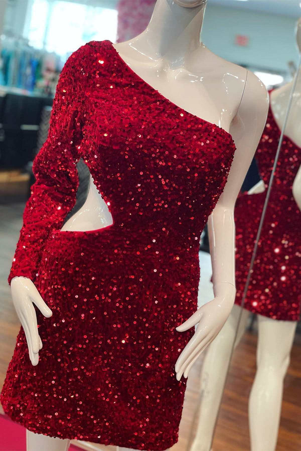 Luolandi Purple Sequin One-Sleeve Cutout Short Homecoming Dress Sparkly Party Dress