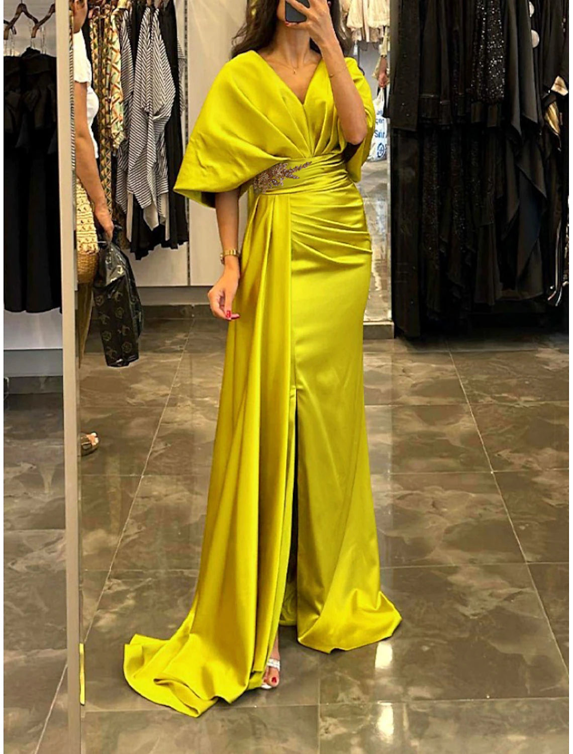 Luolandi Sheath / Column Evening Gown Elegant Dress Formal Sweep / Brush Train Half Sleeve V Neck Satin with Pleats Ruched Crystals Beautiful