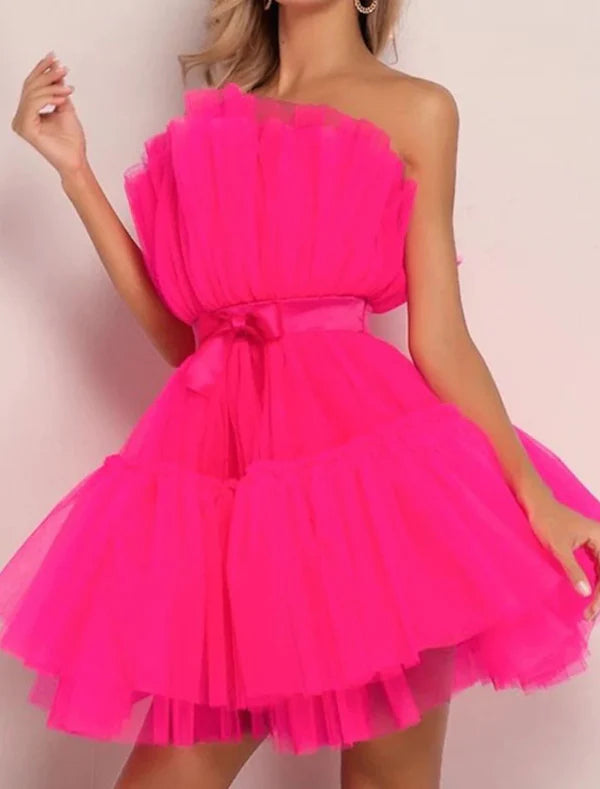 Luolandi Women‘s Party Dress Corset Dress Homecoming Dress Mini Dress Black Pink Fuchsia Red Sleeveless Pure Color Backless Layered Mesh Spring Summer Strapless Party