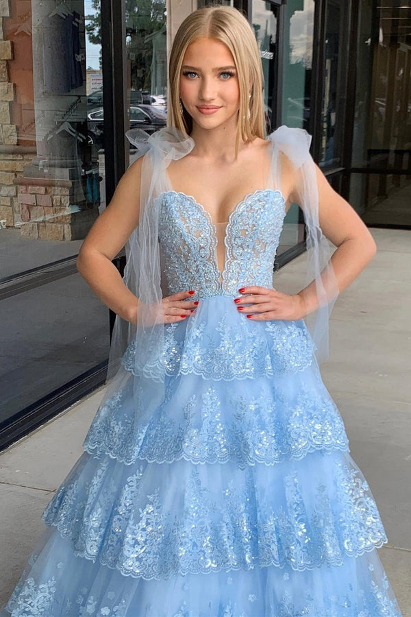Luolandi Light Blue Tulle Appliques Tying Strap Ruffle Tiered Long Prom Dress Sexy Beautiful