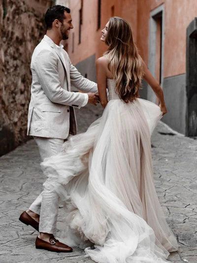 Luolandi A-Line Sweetheart Tulle Long Wedding Dresses Off Shoulder Floor Length Simple Sexy