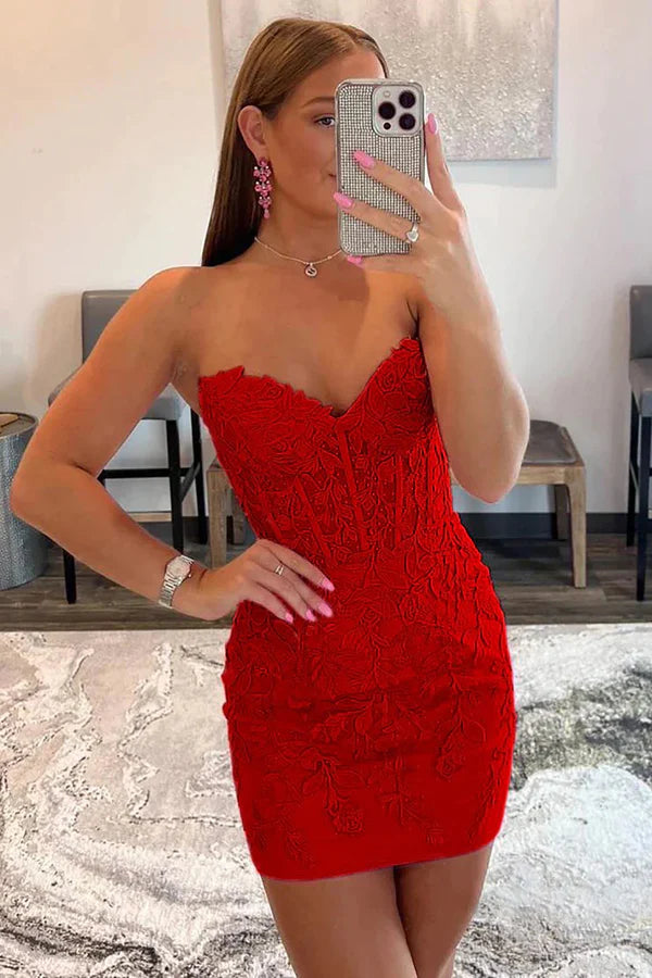 Luolandi Tight Strapless Short Homecoming Dress with Appliques Sexy Prom Dress