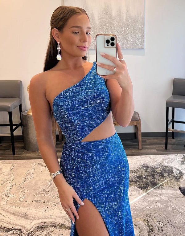 Luolandi One Shoulder Royal Blue Prom Dress with Split Sparkly Evening Dress Party Dress