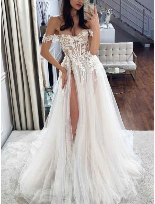 Luolandi Beach Formal Wedding Dresses A-Line Off Shoulder Sleeveless Sweep / Brush Train Lace Bridal Gowns With Pleats Split Sexy