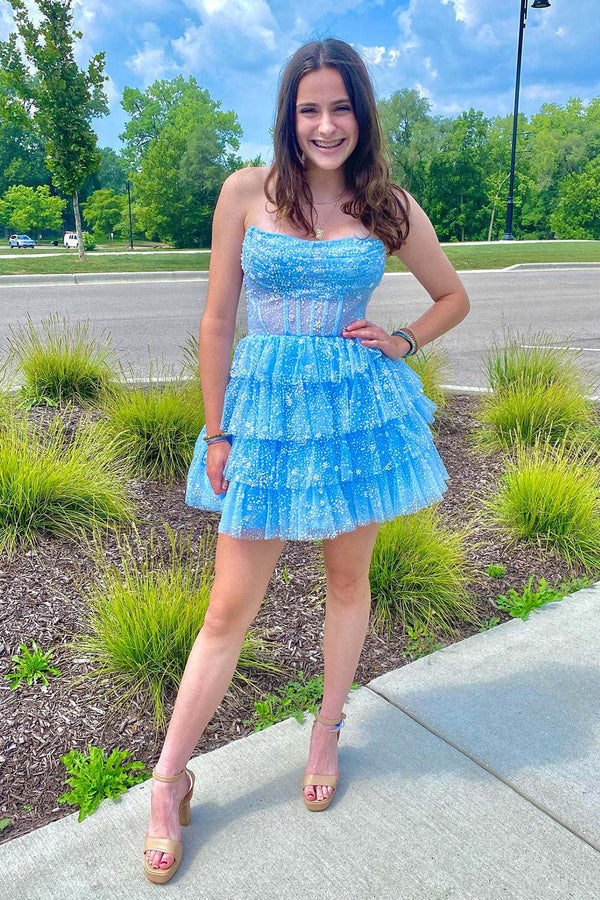 Luolandi A Line Strapless Short/Mini Tulle Tiered Homecoming Dresses With Ruffles Sparkly