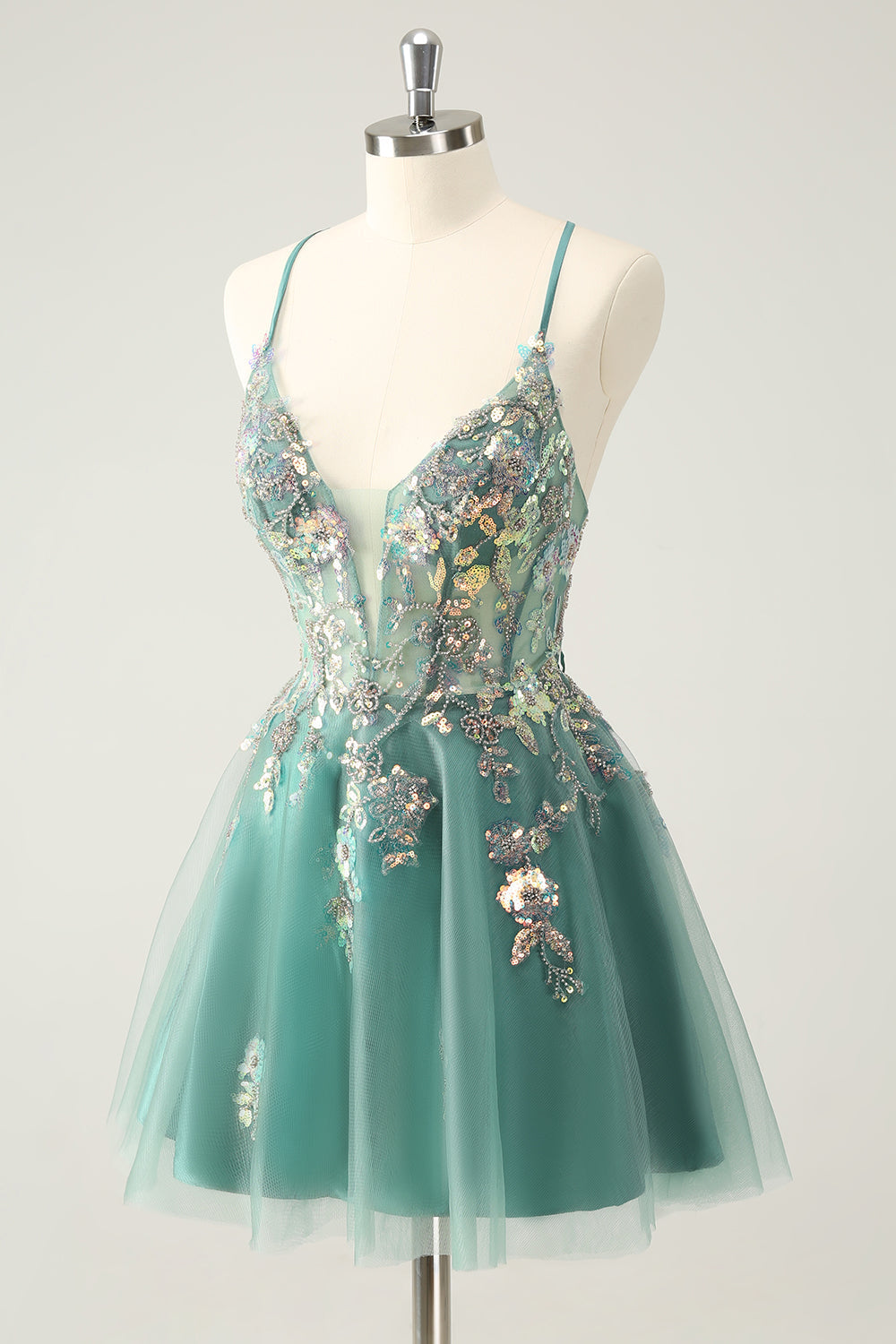 Luolandi Glitter Grey Green A Line Spaghetti Straps Sequins Homecoming Dresses with Appliques Sparkly Party Dress