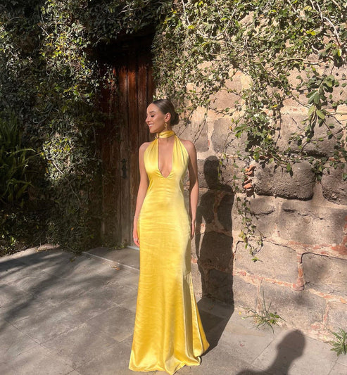 Luolandi Yellow Sheath V Neck Satin Open Back Long Prom Dress Evening Dress Elegant Party Dress