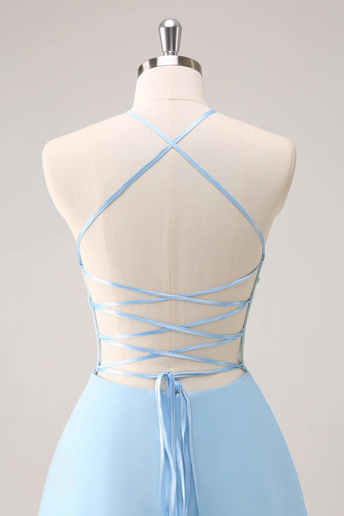 Luolandi Sparkly Blue Halter Floral Long Bridesmaid Dress with Lace Up Back Party Dress