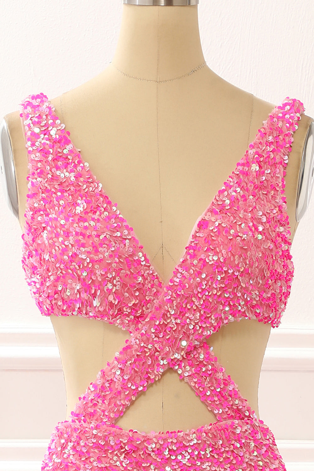 Luolandi Hot Pink Mermaid Sparkly Prom Dress With Slit V-neck Sparkly Evening Dress