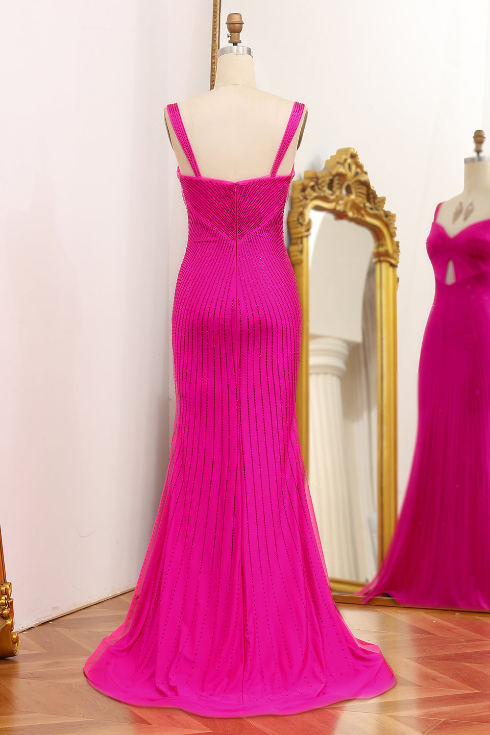 Luolandi Fuchsia Beaded Mermaid V-Neck Long Prom Dress Sparkly Charming Evening Dress