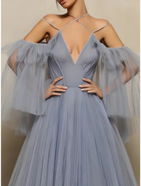 Luolandi Ball Gown Evening Gown Elegant Dress Formal Fall Floor Length Half Sleeve Halter Neck Tulle with Pleats Ruffles Sexy