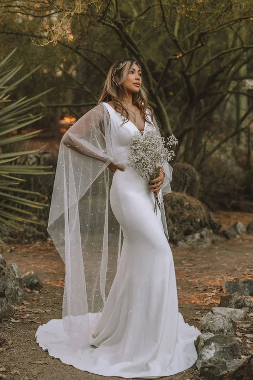 Luolandi Mermaid V Neck Satin Long Wedding Dresses with Train Open Back Beautiful