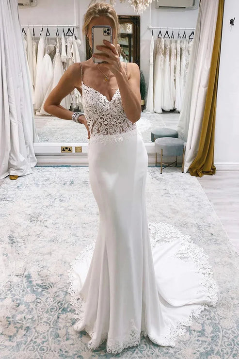 Luolandi Stunning Mermaid V Neck Satin Lace Wedding Dresses with Train Open Back