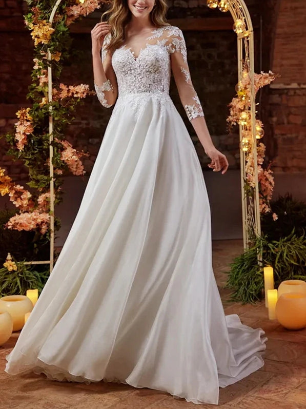 Luolandi Boho Lace Wedding Dresses With 3/4 Sleeves Floor Length with Appliques Elegant