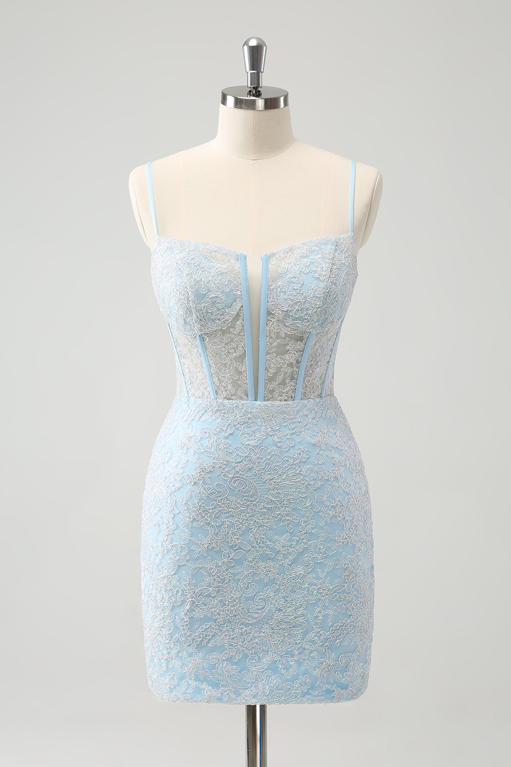 Luolandi Light Blue Corset Spaghetti Straps Short Tight Homecoming Dresses with Lace Up Back Sexy Party Dress