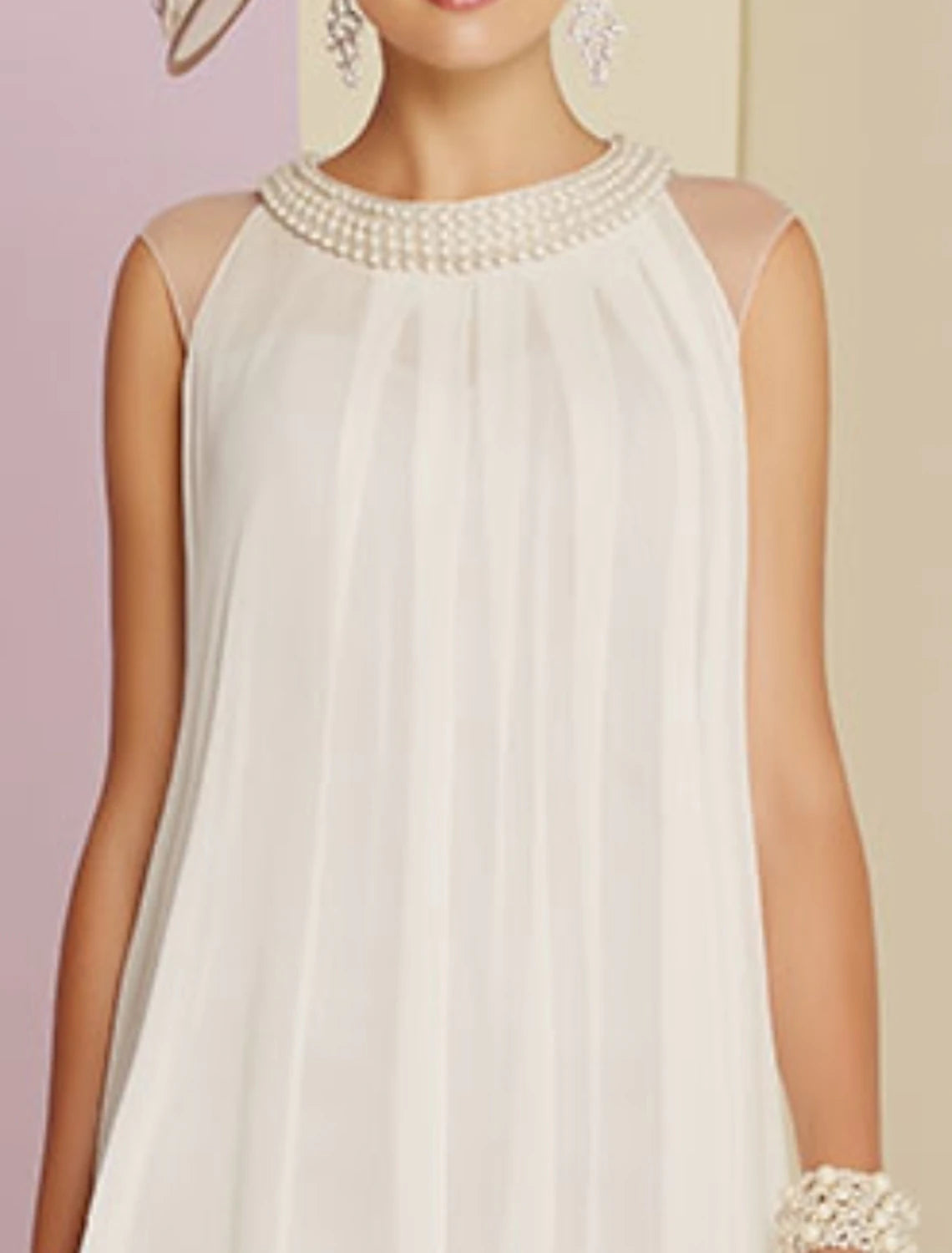 Luolandi Sheath / Column Mother of the Bride Dress Wedding Guest Elegant Jewel Neck Knee Length Chiffon Sleeveless with Pleats Beading Beautiful