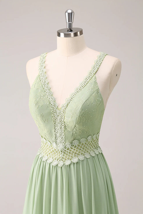 Luolandi Green Ruffled Floral Bridesmaid Dress with Lace Floor Length Party Dress
