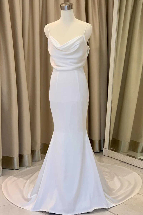 Luolandi Mermaid Cowl Neck Satin Long Wedding Dress Solid Color Sexy