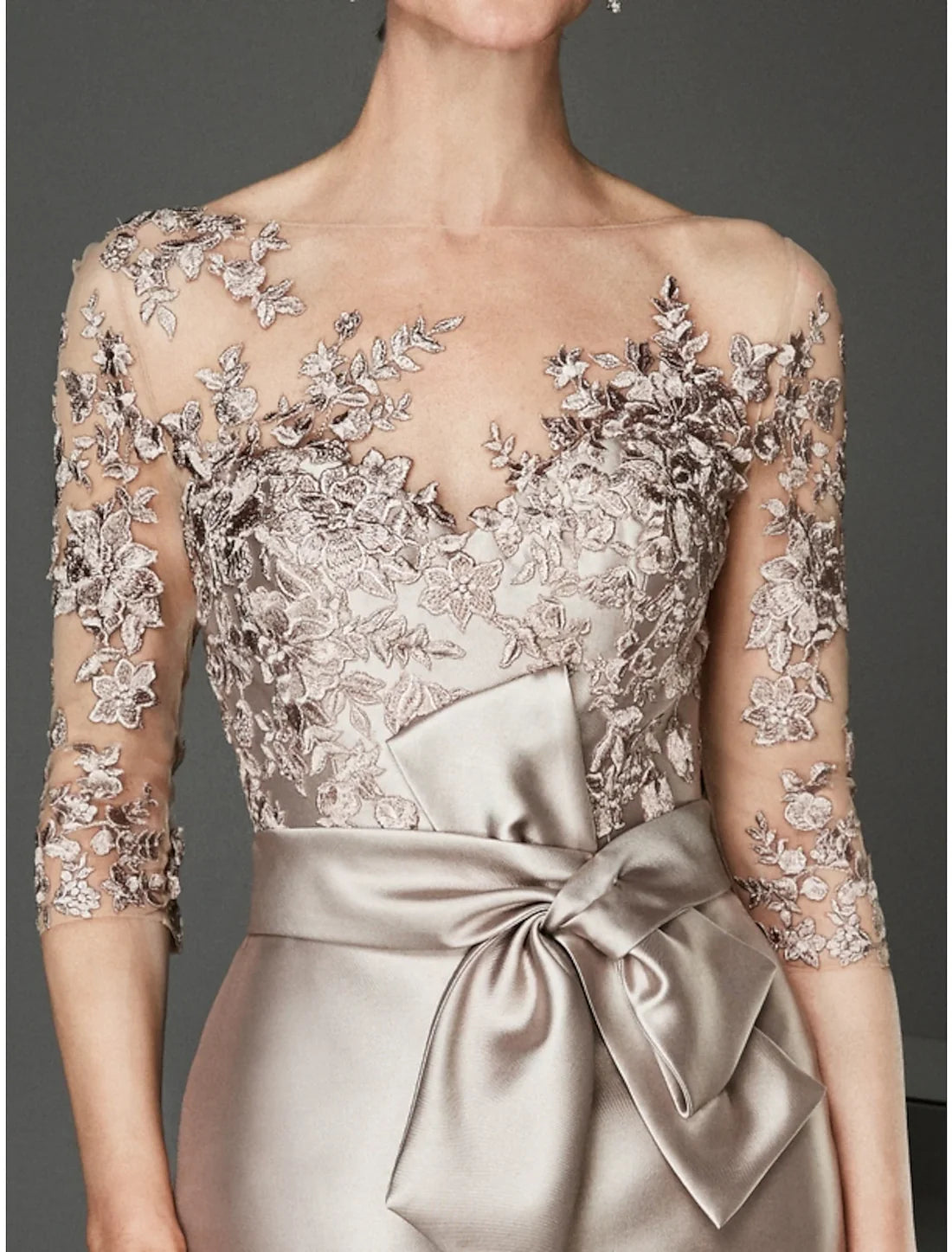 Luolandi Sheath / Column Mother of the Bride Dress Wedding Guest Elegant Plus Size See Through Bateau Neck Knee Length Satin Tulle Half Sleeve with Beading Ruffles Beautiful