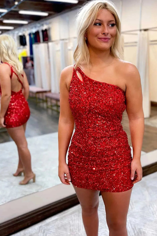 Luolandi Bodycon One Shoulder Sequins Homecoming Dress Short Sparkly