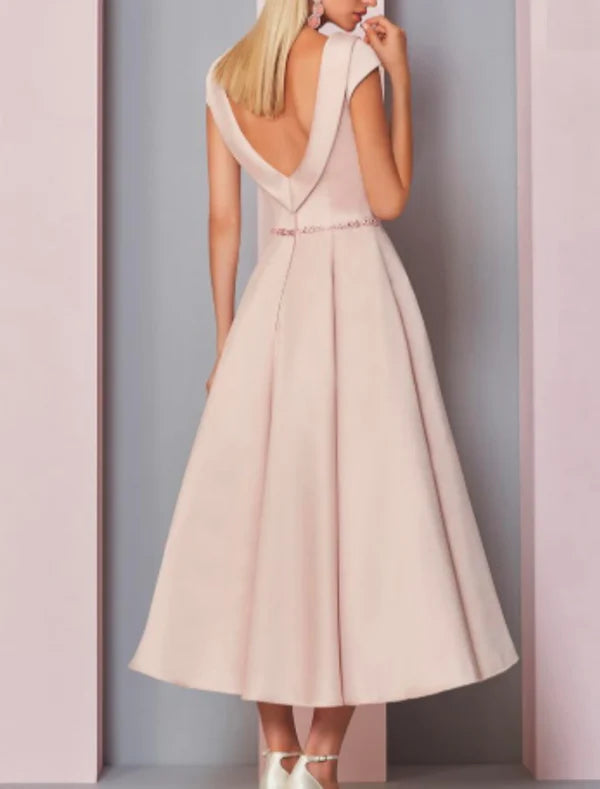 Luolandi A-Line Mother of the Bride Dress Wedding Guest Plus Size Cowl Neck Ankle Length Satin Short Sleeve with Crystals Elegant