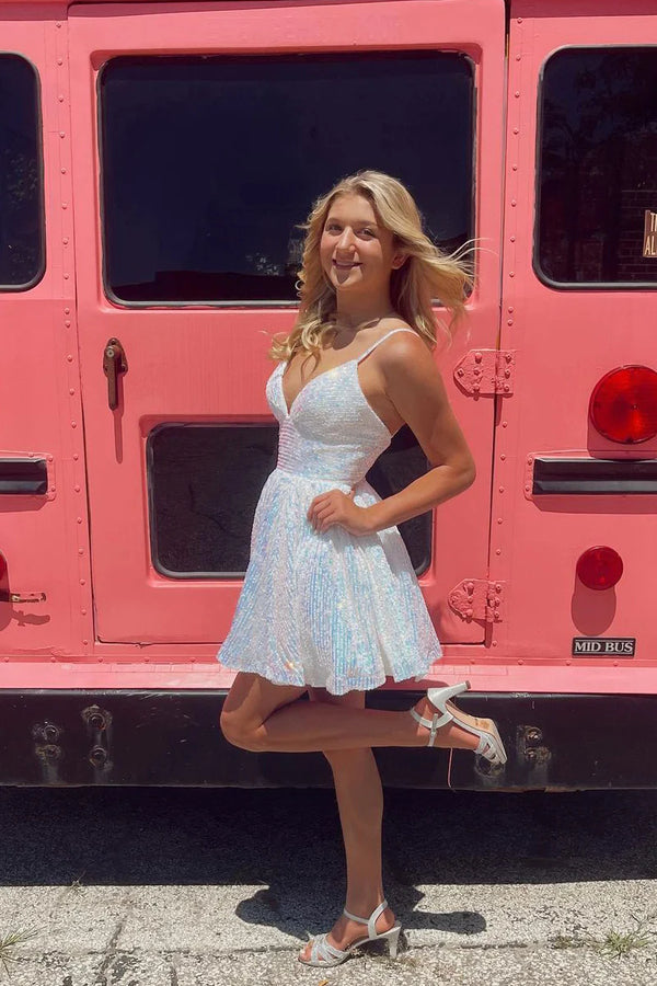 Luolandi V-Neck Sequins Short Prom Dresses A-Line Party Dresses Homecoming Dresses