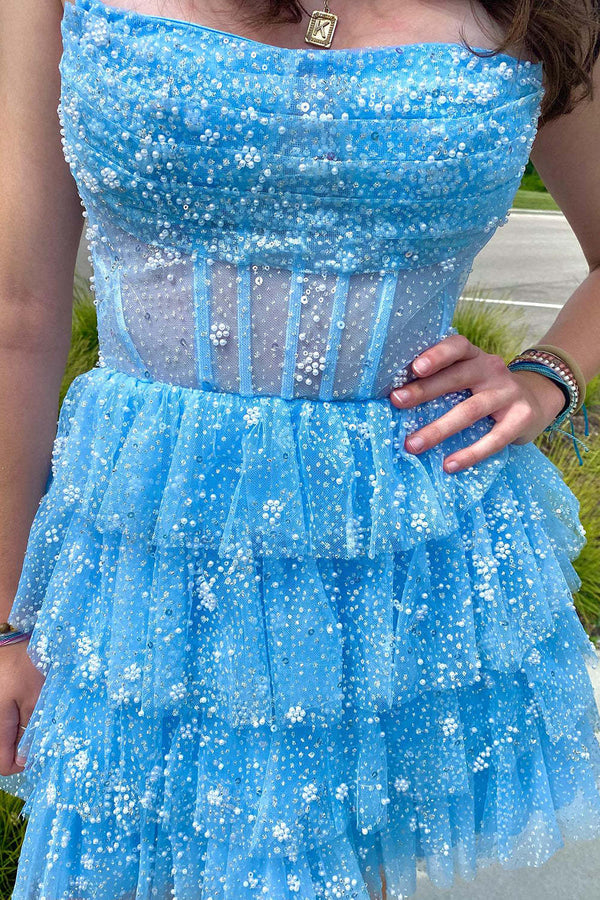 Luolandi A Line Strapless Short/Mini Tulle Tiered Homecoming Dresses With Ruffles Sparkly
