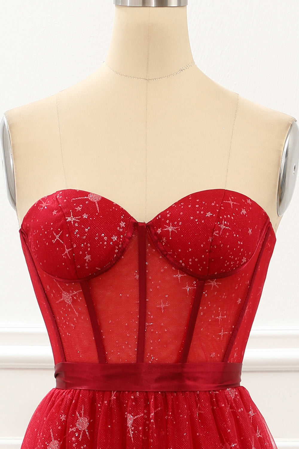 Luolandi Strapless Red Tulle A Line Corset Prom Dress Off Shoulder Floor Length