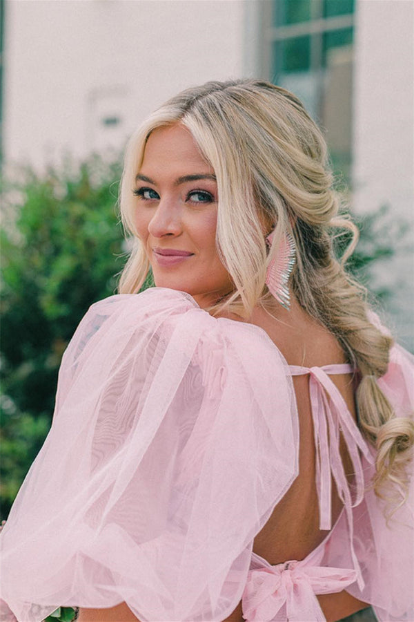 Luolandi A Line Tow-Piece Tulle Prom Dress with Slit Solid Color Evening Dress Party Dress