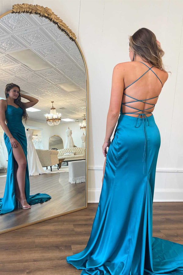 Luolandi Straps Teal V-Neck Ruched Long Prom Dress Sexy Party Dress Evening Dress With Slit