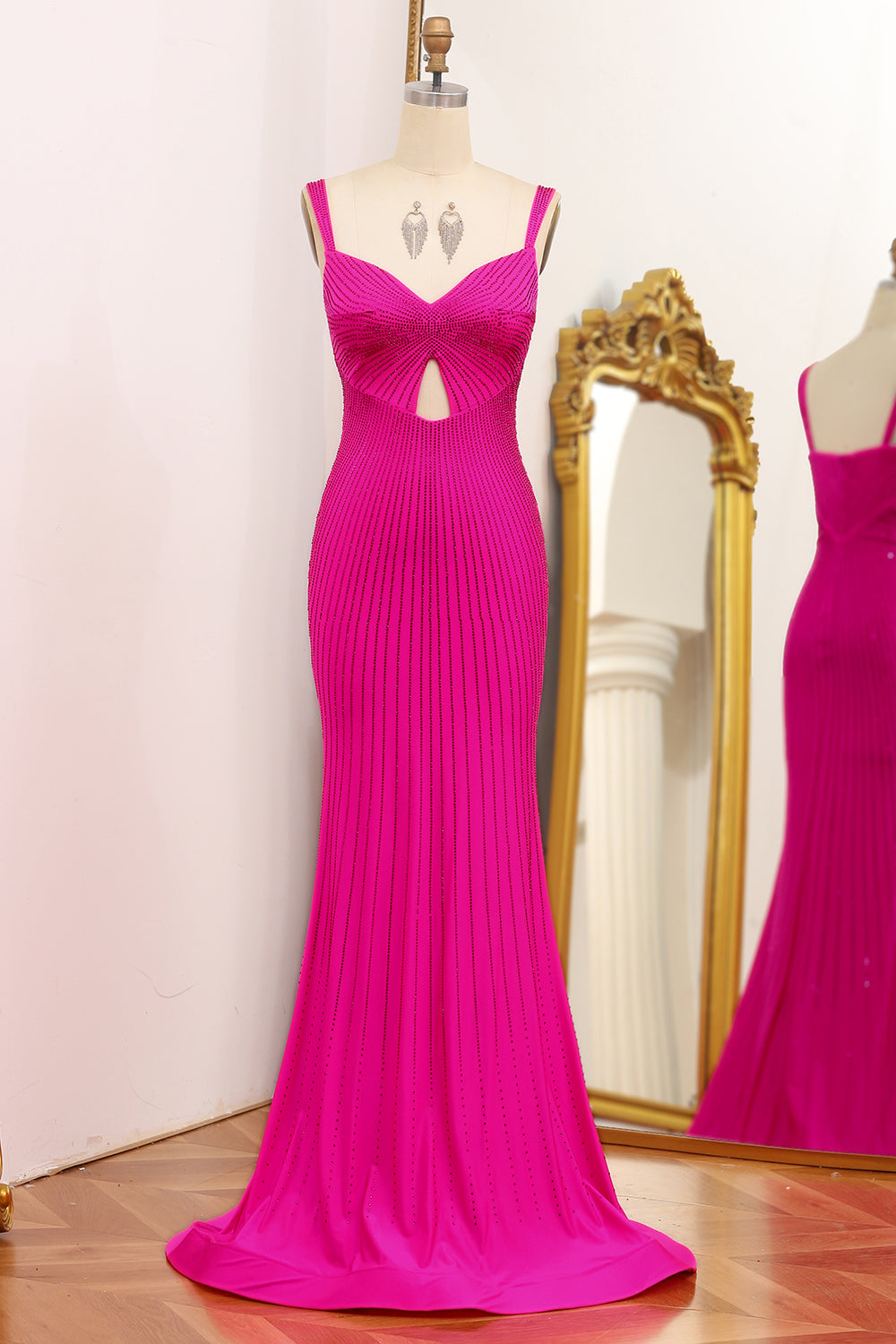 Luolandi Fuchsia Beaded Mermaid V-Neck Long Prom Dress Sparkly Charming Evening Dress
