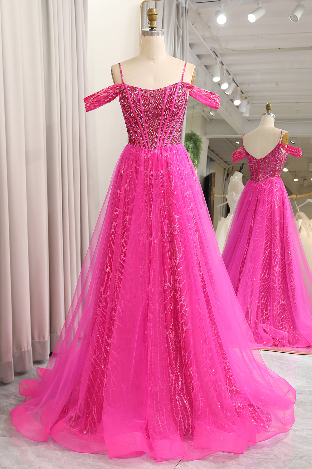 Luolandi Fuchsia A-Line Off The Shoulder Tulle Long Prom Dress Floor Length