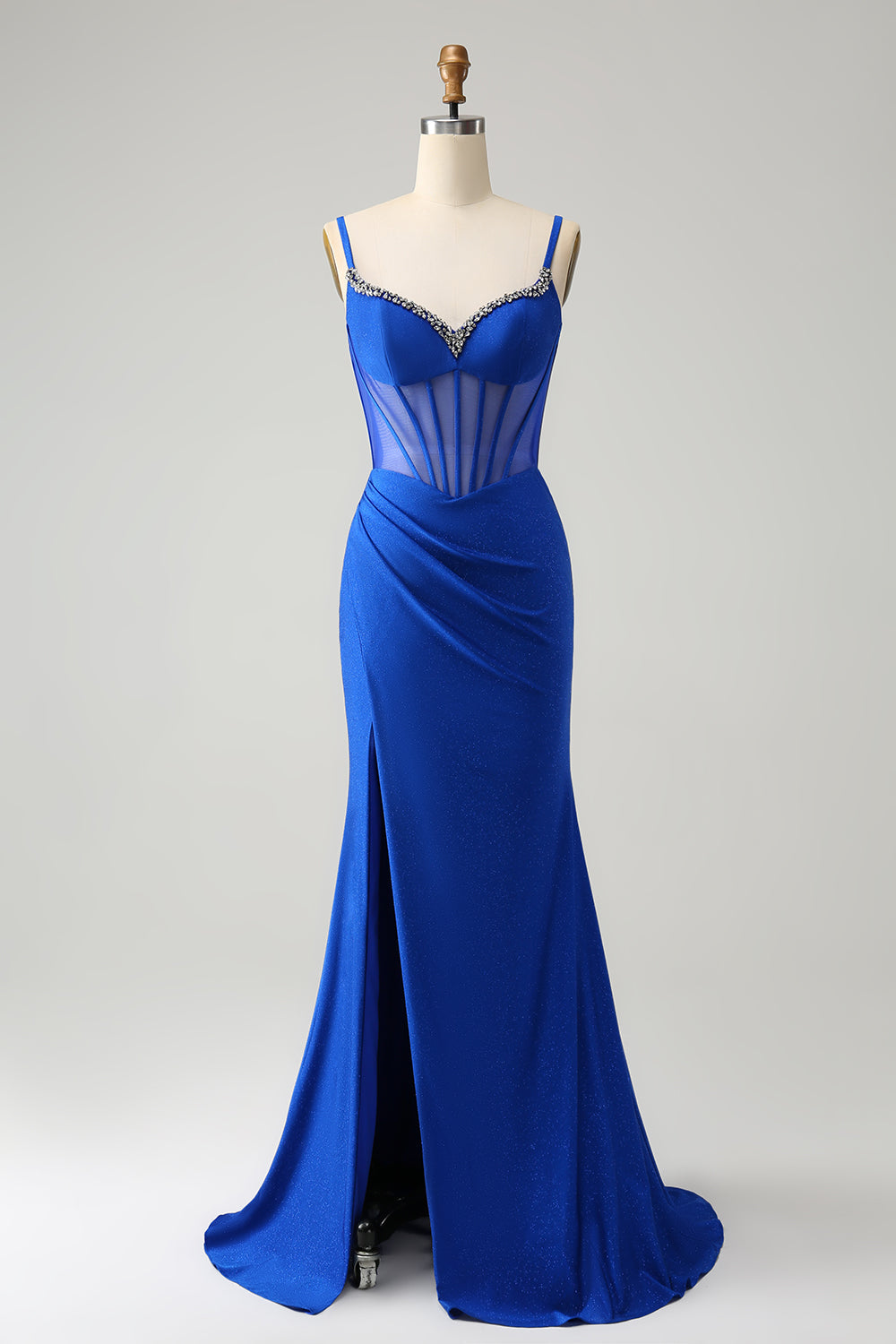 Luolandi Royal Blue Mermaid Beaded Corset Long Prom Dress With Slit Sexy Evening Dress