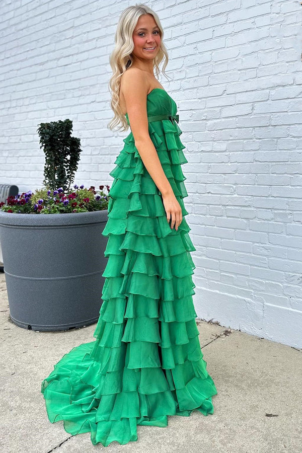 Luolandi Strapless High-Waist Ruffle Tiered Long Prom Dress with Bow Off Shoulder
