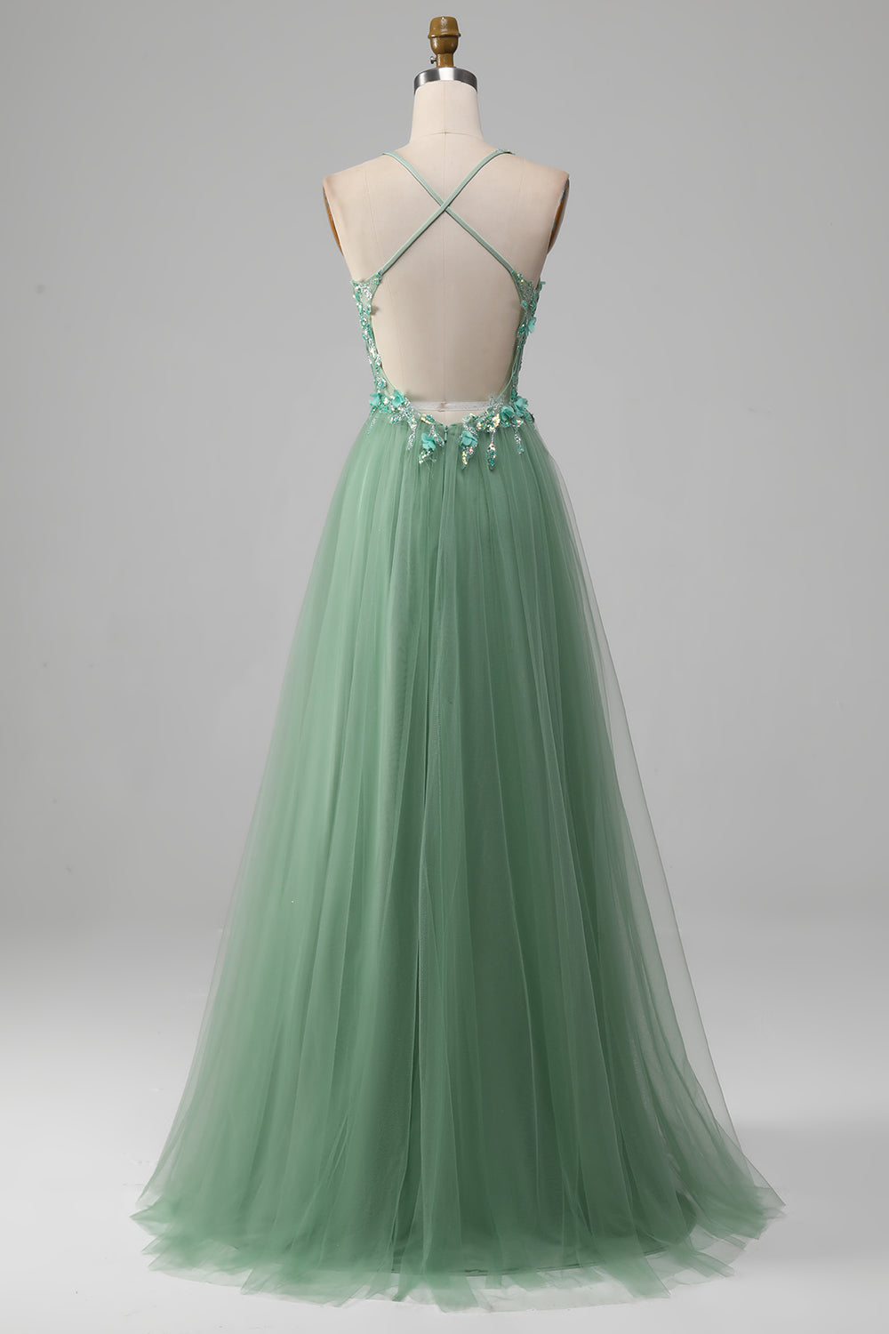 Luolandi Sparkly Green A-Line Spaghetti Straps Corset Prom Dress With Appliques And Slit