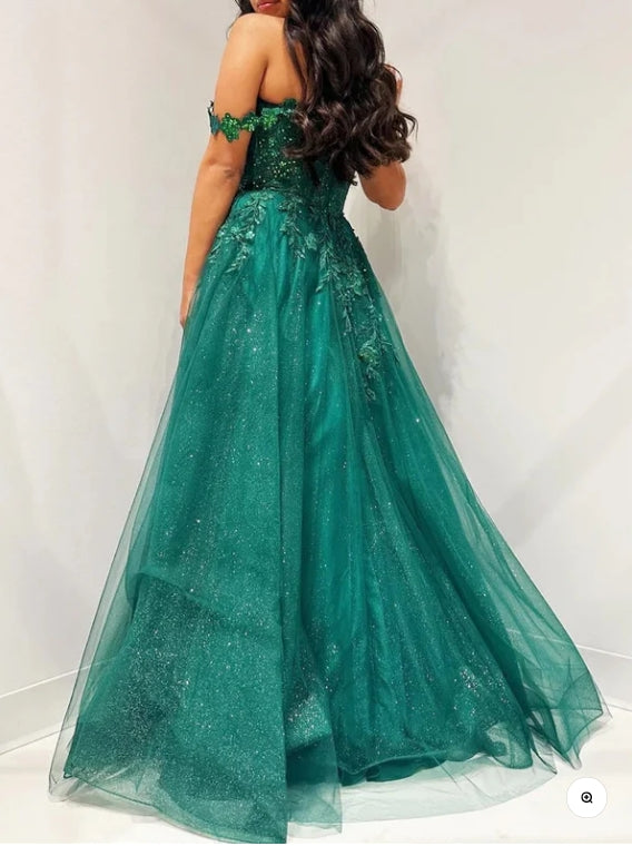 Luolandi Glitter Emerald Appliques Off-the-Shoulder A-Line Long Prom Dress With Slit