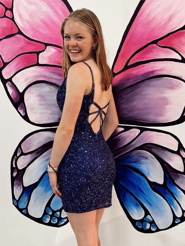 Luolandi Sheath Sequins V Neck Homecoming Dress Sparkly Party Dress