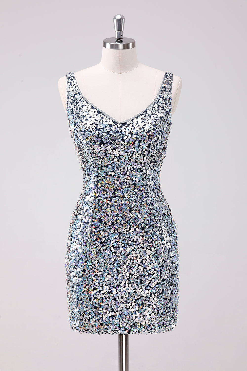 Luolandi Sequins Silver Bodycon V-Neck Short Homecoming Dress Sparkly Party Dress