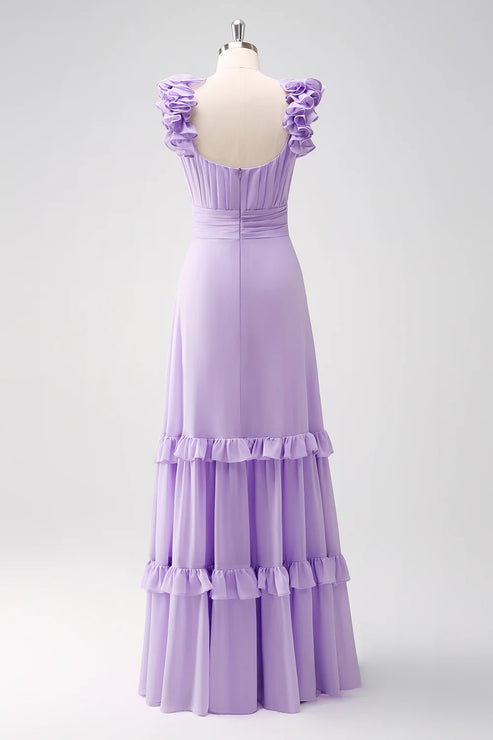 Luolandi Lilac Chiffon A-Line Ruched Bridesmaid Dress with Ruffles Solid Color Floor Length