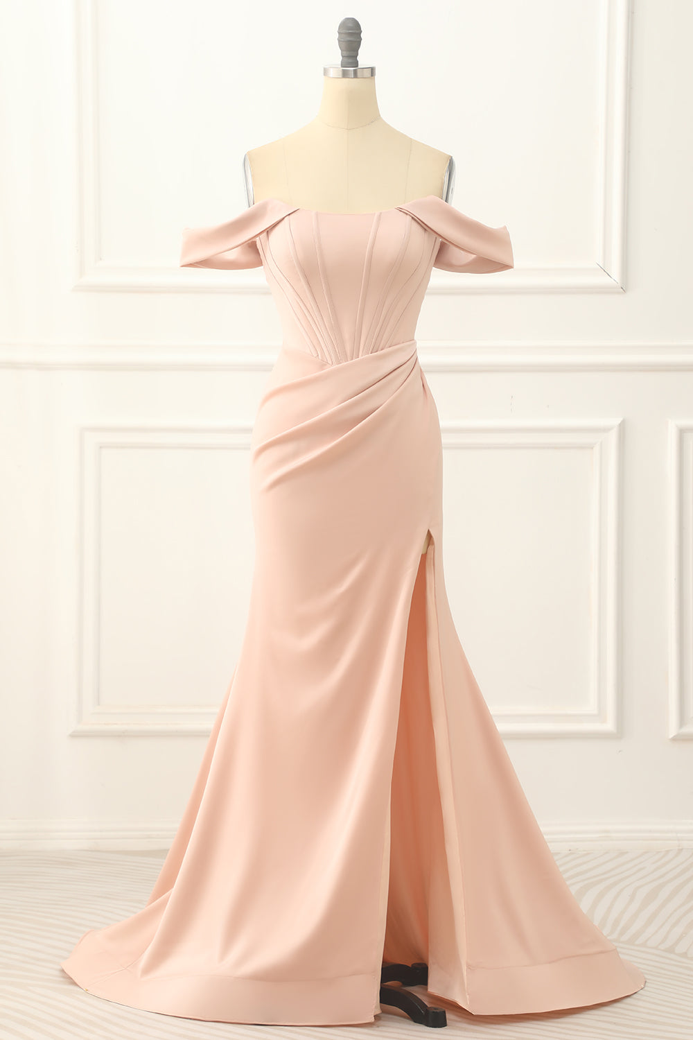 Luolandi Blush Off The Shoulder Mermaid Prom Dress With Slit Sexy Evening Dress