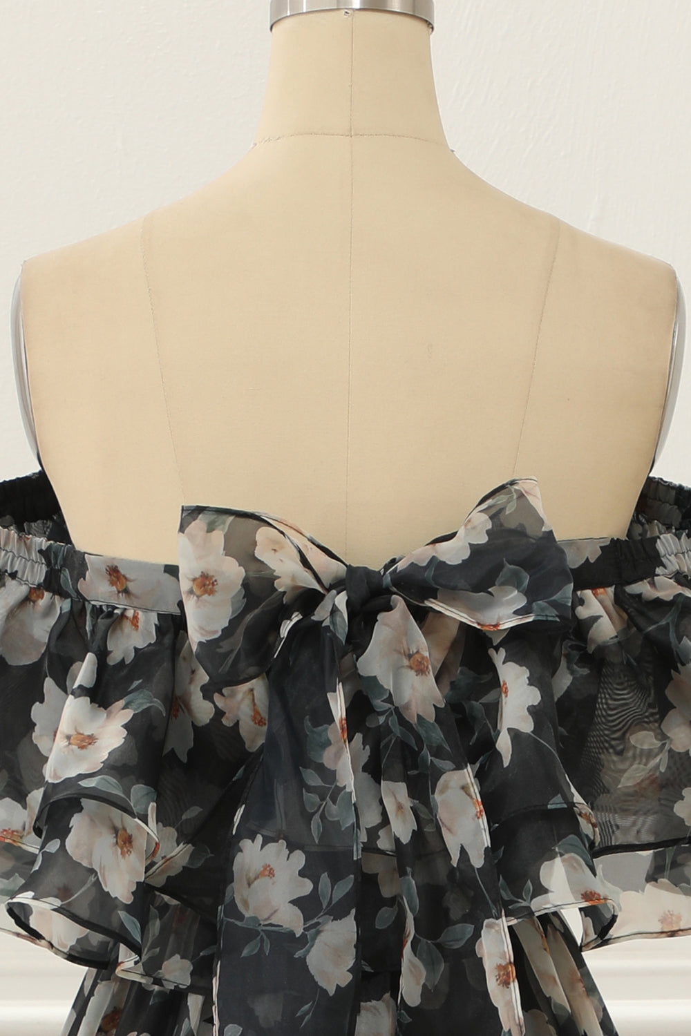 Luolandi Black Print Off Shoulder A Line Prom Dress With Ruffles Floor Length Elegant