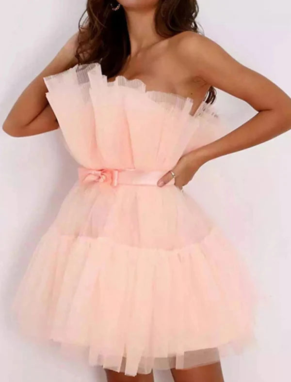 Luolandi Women‘s Party Dress Corset Dress Homecoming Dress Mini Dress Black Pink Fuchsia Red Sleeveless Pure Color Backless Layered Mesh Spring Summer Strapless Party